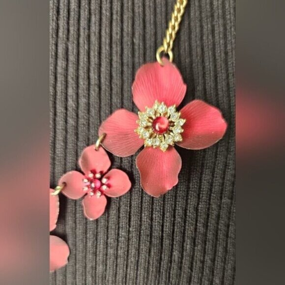 Red & Gold Floral Statement Necklace – Enamel Flowers w/ Crystal Centers - Picture 3 of 5